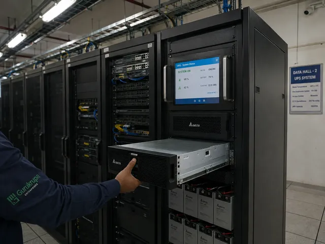 Gurukrupa engineer inserting a hot-swappable Delta modular UPS module into a data-hall rack