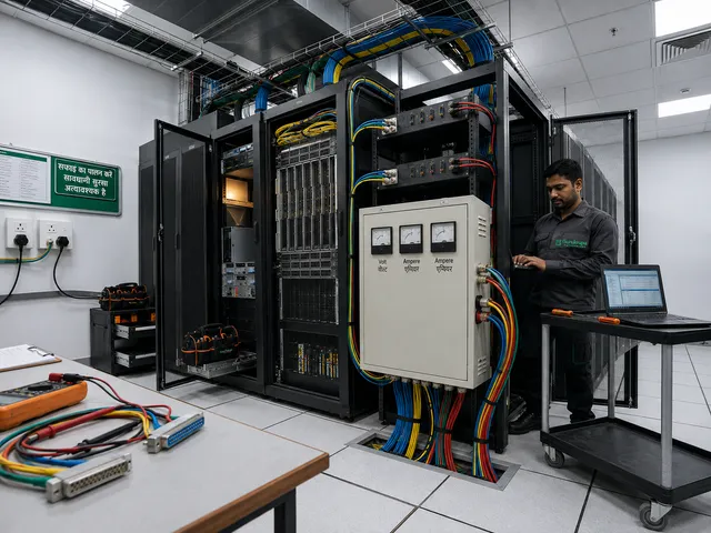 Gurukrupa engineer configuring a servo voltage stabilizer with Volt/Ampere meter panel in a server room