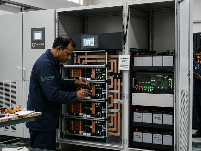 Gurukrupa engineer commissioning a three-phase UPS cabinet in a plant room